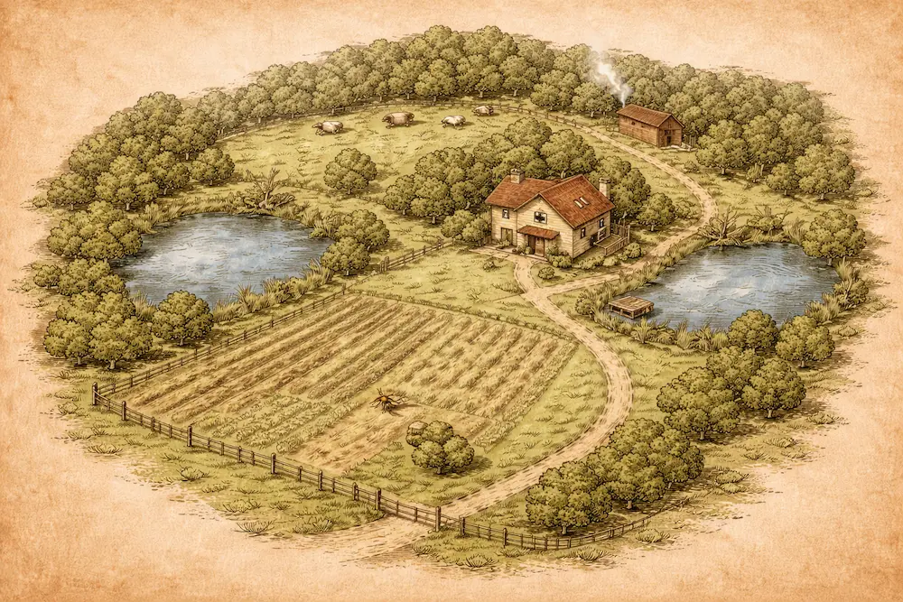ChatGPT animated image of farm with ponds and field