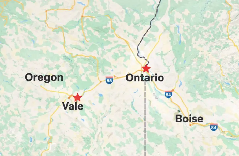 AI generated image of map showing vale, ontario and boise